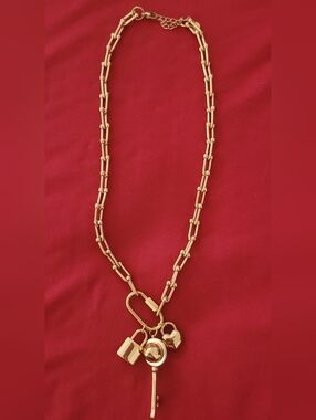 Gold Tone Women's Charm Necklace - Elegant Chain & Padlock Charms